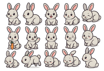 Cute cartoon rabbits in various adorable poses with expressions