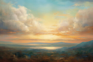 Obraz premium Impressionist Landscape Painting. Serene and natural style, muted color palette and loose brushstrokes. Emphasis on capturing the essence of light, atmosphere, and natural elements.