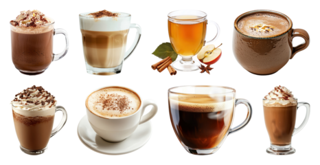 PNG Assorted delicious hot beverages, element set on transparent background