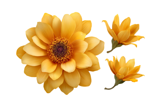Vibrant yellow dahlia flower blossoms close up featuring delicate petals and detailed center against a dark backdrop isolated on transparent background