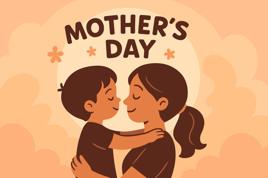 Mother's day celebration with smiling hispanic female and child embracing against cloudy background