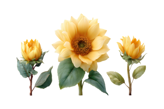 Three delicate yellow sunflowers in different stages of bloom capture the essence of summer's vibrant natural beauty in a studio setting isolated on transparent background