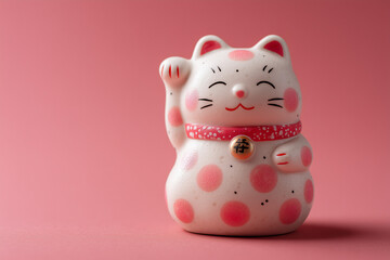 white lucky cat with pink polka dots, pink background