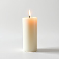 Elegant White Candle with Flickering Flame on Minimalist Background for Relaxation and Serenity Moments