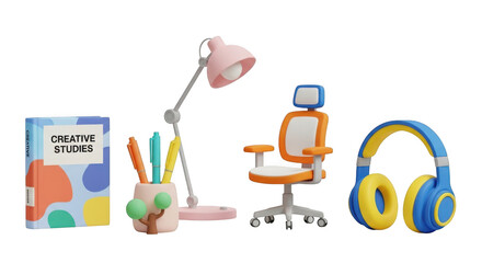Collection of colorful study desk accessories including a lamp chair headphones and stationery isolated on transparent background