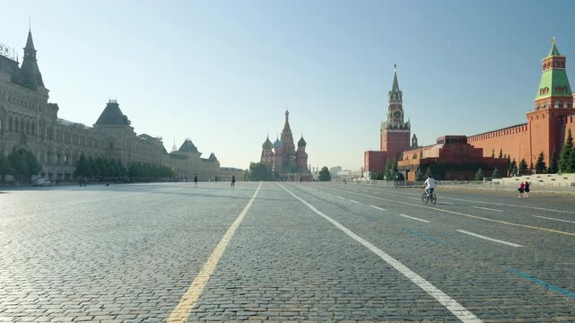 Red Square in Moscow. St. Basils Cathedral, Spasskaya Tower and the mausoleum, Russia