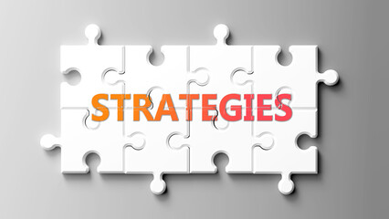 Strategies complex like a puzzle - pictured as word strategies on a puzzle pieces to show that strategies is complex and needs cooperating pieces that fit together. ,3d illustration