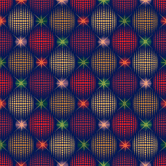 Holiday baubles seamless pattern. Christmas icon ornament. Halftone balls and stars noel festive decor