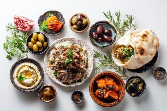 Overhead shot of a delicious spread of Middle Eastern dishes, including dips, meats, olives
