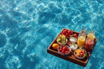 A wooden tray with fresh fruits, juices, and yogurts floating on clear blue pool water