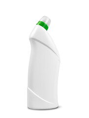 White Cleaning Agent Bottle Isolated On White Background With Shadow. Surface cleaner and cleaner, bottle without label and text, green cap, cleanliness in the house, removal of germs