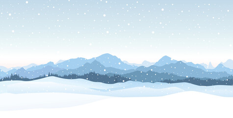 Winter forest snowfall landscape with mountains. Christmas morning snowy background.  Winter nature holiday snowdrifts horizon skyline view.