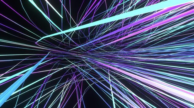 The sci-fi glowing and dynamic motion neon colored 3D futuristic digital line animation of flying through into the countless line created by procedural geometric 3D modeling.