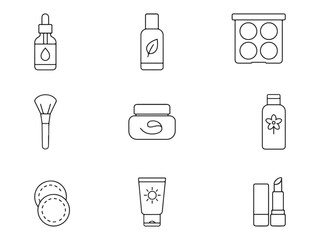 A set of cosmetics and beauty products in a line drawing