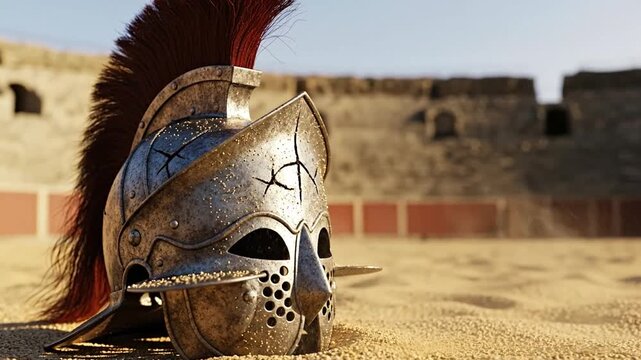 Gladiator's Helmet Resting in Arena Sand, Symbol of Ancient Combat and Glory