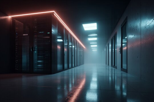 dark server room with neon lights in modern data center