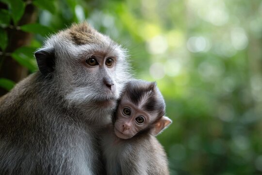 portrait of monkey with little baby in the jungle forest