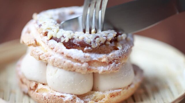 Close-Up of Pistachio and Pumpkin Christmas Paris-Brest Dessert