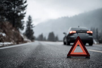 car accident and insurance concept, warning triangle on asphalt road, back view of broken car in background