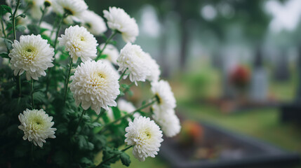 close up of classical large flowered white chrysanthemums on tombstone, modern graveyard, blurred background of cemetery. All saints day graveyard. Background, wallpaper for all saints’ day, all souls