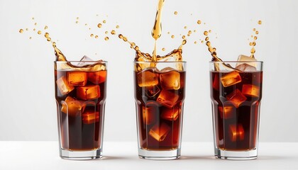 Refreshing Cold Beverage with Ice Cubes Splashing in Clear Glasses, Perfect for Summer Enjoyment