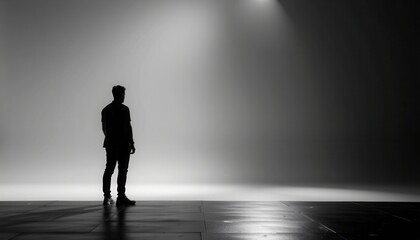 Obraz premium Silhouette of a Solo Figure in a Dimly Lit Studio Space with Ethereal Lighting Effects