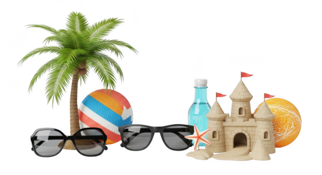 Tropical beach vacation scene with palm tree beach ball sunglasses sandcastle and bottle isolated on transparent background