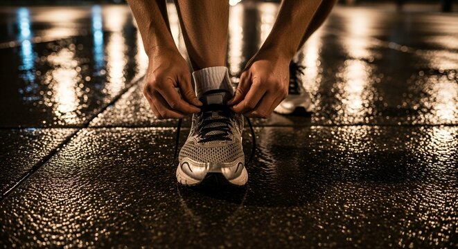 A person tying their shoelaces on a wet, reflective surface, preparing to run.