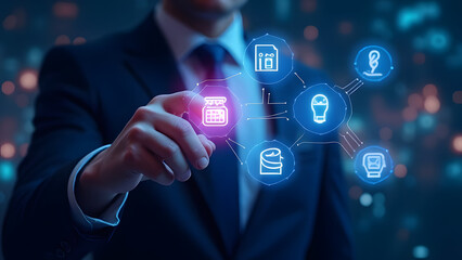 Businessman interacting with digital social network icons on a virtual touchscreen