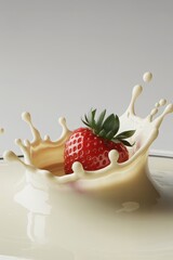 Strawberry makes a splash in creamy liquid with elegant droplets in macro view