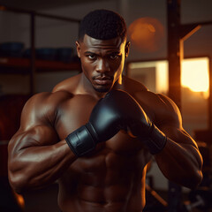 Intense black man adjusting gloves while preparing for boxing training session