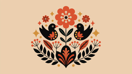 Floral Folk Art with Birds Illustration Pattern in Scandinavian Style