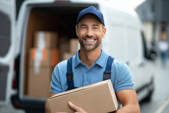 A man in a blue shirt and blue overalls is smiling and holding a box