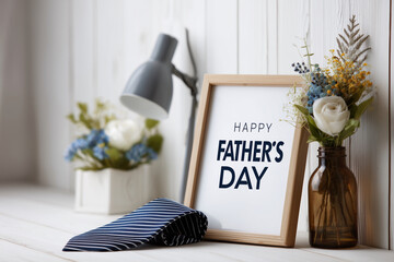 A framed sign with a tie and flowers on a table