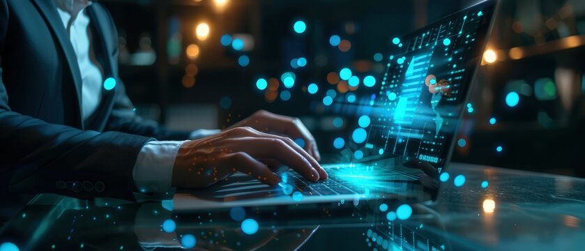 Close-up of businessman typing on a laptop with holographic AI interface and digital data visualization. Concept of artificial intelligence, fintech, innovation, cybersecurity, and future technology.