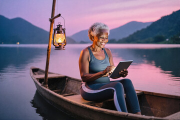 A smiling senior woman relaxes in a small wooden boat on calm water, using a tablet and illuminated by a hanging lantern against a backdrop of mountainous landscape at dusk.