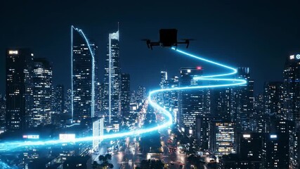 Cargo drone flying above futuristic city skyline with glowing digital trail — concept of smart delivery technology - Powered by Adobe