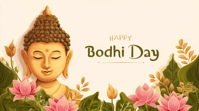 happy bodhi day, remembrance of the day that led to dim sumit in ancient india,golden lotus flowers and leaves on white background, wallpaper or web banner. buddha head portrait portrait with pastel c