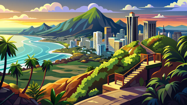 Very beautiful panoramic view from Tantalus Lookout at Puu Ualakaa State Park, Oahu, Hawaii, USA, showcasing Honolulu city, Diamond Head volcano, lush greenery, and tropical island scenery under 