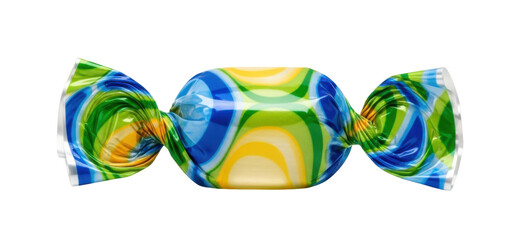 Close-up shot of a colorful candy wrapped in a transparent wrapper, isolated on white.