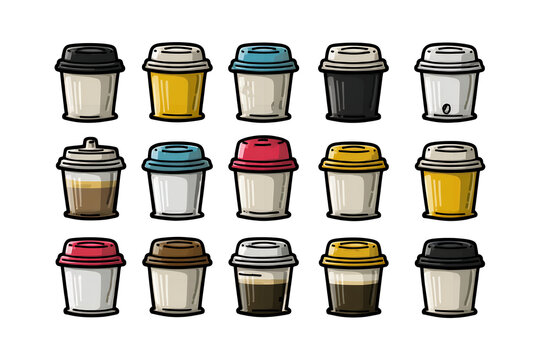 Collection of colorful disposable coffee cups and lids displayed in a grid format for design elements isolated on transparent background