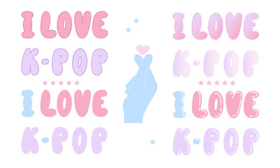 K pop lettering with hallyu wave symbol hand and heart gesture. Isolated design quote elements.