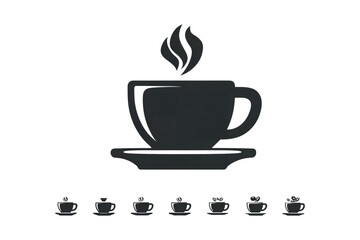 Stylized silhouette of a steaming coffee cup and saucer with minimalist icons representing beverage options for a modern aesthetic isolated on transparent background