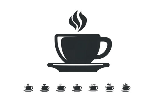 Stylized silhouette of a steaming coffee cup and saucer with minimalist icons representing beverage options for a modern aesthetic isolated on transparent background