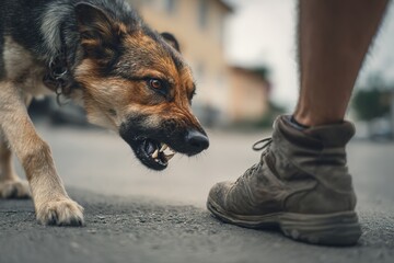 An enraged dog snarls and grins closely to a person's foot in a sneaker on the asphalt, a close-up of dangerous animal aggression