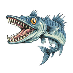 Naklejka premium Illustration of a fierce barracuda fish with sharp teeth, open mouth, and detailed scales.