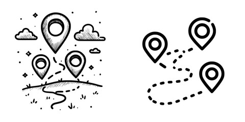 A route is symbolized by three location markers linked with a dashed line, perfect for themes related to travel, navigation, maps, or transportation, set against a clean white background and