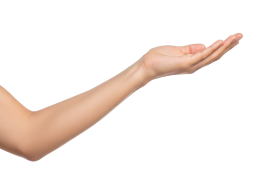 A woman's hand and arm, isolated on a transparent background, with the palm facing upward. Concepts of presentation, holding, or showing an object.