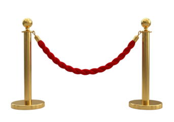 Red velvet rope suspended between gold-colored barrier posts (stanchions) on a transparent floor. Luxury, VIP, and restricted area.