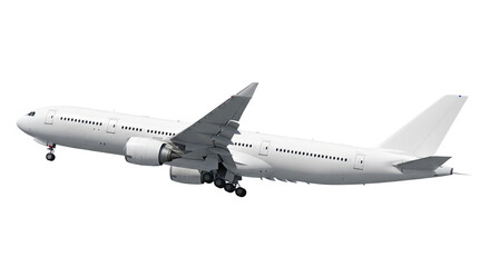 Obraz premium A white passenger aircraft, isolated on a transparent background, landing gear extended, rising into the air, without a logo. Travel and aviation.